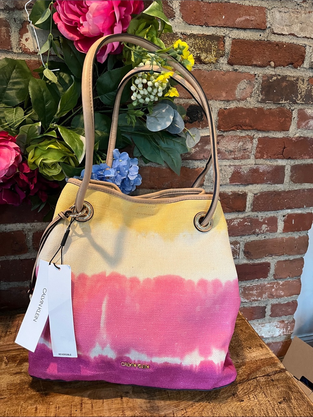Calvin Klein Pink Yellow Ombre Canvas Tote with Tan Trim